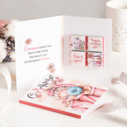 ? Открытка 4 шоколадки С 8 марта (девушка с пончиком, розовая) - 8 чудо фото 3