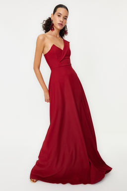 Bordo A-Kesim Yaka Detayl? Uzun Gece Abiye Elbise TPRSS19UT0054 - Trendyolmilla фото 3