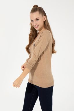 U. S. Polo Assn Женский базовый свитер светло-коричневого цвета с v-образным вырезом меланжевого цвета - U.s. polo assn фото 3