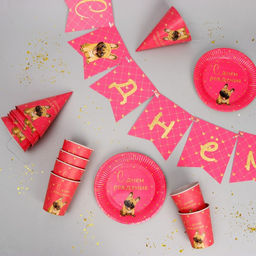Набор бумажной посуды С Днём Рождения, пёсель, 6 тарелок, 6 стаканов, 6 колпаков