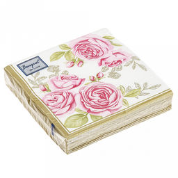 Салфетки бумажные "Bouquet de Luxe" 24х24см, 3-х слойные, 25 штук в упаковке, 100% целлюлоза, "Роза с золотыми листьями" (Россия)
