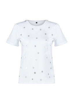 Beyaz %100 Kal?n Pamuklu Varak Y?ld?z Bask?l? Regular Kal?p Orme T-Shirt TWOSS20TS0757