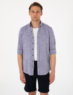 Lacivert Keten G_r_n_ml_ Slim Fit Uzun Kollu G_mlek