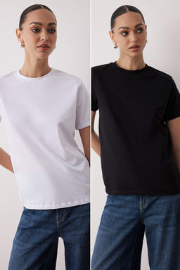 Siyah-Beyaz %100 Pamuk Arkas? Uzun Orme T-Shirt TWOAW26TS00008 - Trendyolmilla фото 9