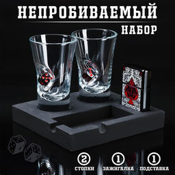 Подарочный набор «Непробиваемый»: 2 стопки 60 мл, зажигалка, подставка