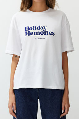 TRENDYOLMILLA Beyaz Bask?l? Premium %100 Pamuk Relaxed/Rahat Kesim Orme T-Shirt TWOSS24TS00178  фото 17