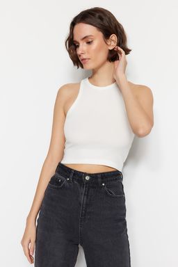 Siyah-Beyaz 2li Paket Fitted/Vucuda Oturan Crop Halter Yaka Fitilli Esnek Orme Atlet TWOSS21AL0058