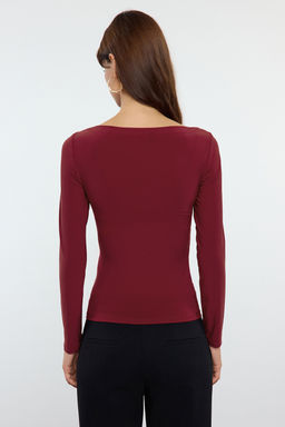 Bordo Kay?k Yaka Drapeli Vucuda Oturan Esnek Orme Bluz TWOAW25BZ00109