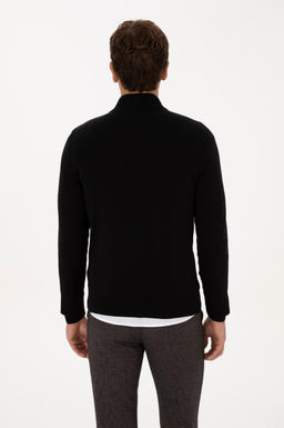 Erkek Slim Fit Yar_m Fermuarl_ Siyah Kazak