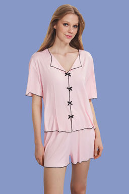 Trendyolmilla Pembe Kurdele/Fiyonk ve Baby Overlok Detayl? Sortlu Fitilli Orme Pijama Tak?m? THMSS25PT00403