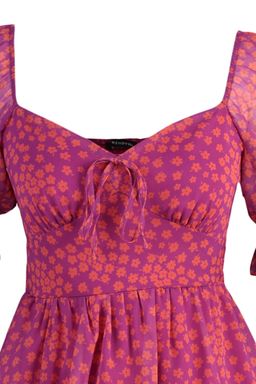 Cok Renkli Cicekli Etegi Volanl? Skater/Belden Ac?lan Sifon Mini Astarl? Dokuma Elbise TWOSS22EL2772