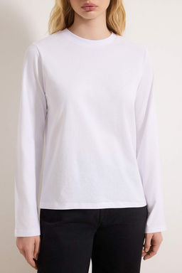 Beyaz %100 Pamuk Uzun Kollu Bisiklet Yaka Regular/Normal Kal?p Basic Orme T-Shirt TWOAW21TS0098