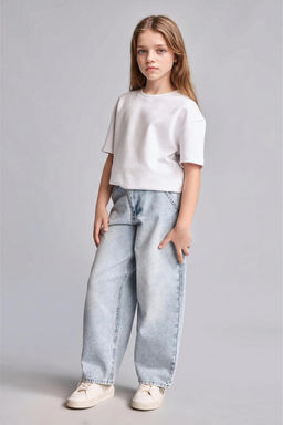 %100 Pamuk Baggy Fit Jean Pantolon K_z _ocuk