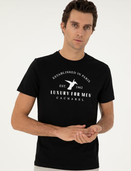 Siyah Slim Fit Bisiklet Yaka Desenli T-shirt