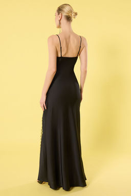 TRENDYOLMILLA Siyah V Yaka Dantel Detayl? Saten Dokuma Uzun S?k Abiye & Mezuniyet Elbise TPRSS25AE00090 фото 5