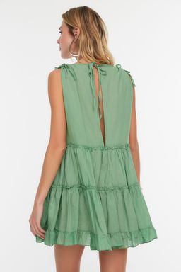 TRENDYOLMILLA Sar? Genis Kal?p Dokuma %100 Pamuk F?rf?rl? Mini Plaj Elbisesi TBESS21EL1247  фото 9