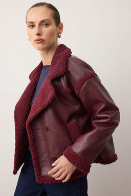 Bordo Pelus Detayl? Suni Deri Biker Ceket Mont TWOAW25MO00066 - Trendyolmilla фото 12