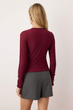 Bordo Esnek Vucuda Oturan Kollar? Fiyonk Detayl? Esnek Orme Bluz TWOAW26BZ00304 - Trendyolmilla фото 4