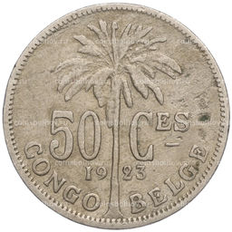 Монета 50 сантимов 1923 года Бельгийское Конго  легенда на французском (CONGO BELGE / DES BELGES)