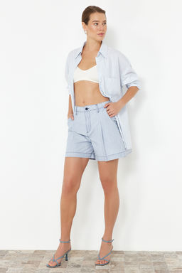 Ac?k Mavi %100 Tencel Pileli Yuksek Bel Denim Sort TWOSS24SR00128 - Trendyolmilla фото 2