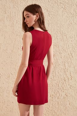 Bordo Kusakl? Vucudu Saran Bisiklet Yaka Mini Dokuma Elbise TWOSS19AA0063