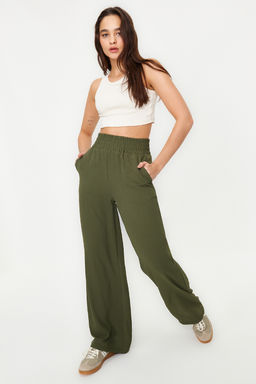 Haki Wide Leg/Genis Paca Beli Lastikli Dokuma Pantolon TWOSS22PL00024