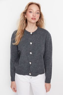 Antrasit Yumusak Dokulu Mucevher Dugmeli Ceket Gorunumlu Triko H?rka TWOAW22HI0044