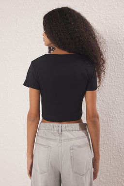 Siyah-Siyah Crop 2li Paket Slim/Vucuda Oturan Orme Bluz TWOSS23BZ00108