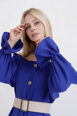 Длинное платье с открытыми плечами синее - Martichelli фото 4