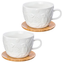 Чашка для капучино и кофе латте 500 мл "Птички на ветке" + дерев. подставка (2 шт.)