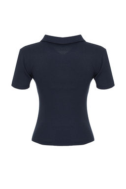 Lacivert Fermuar Detayl? Fitted/Vucuda Oturan Polo Yaka Fitilli Esnek Orme Bluz TWOSS23BZ00496 - Trendyolmilla фото 8