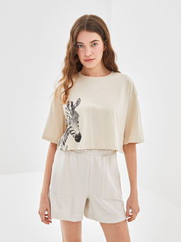 Bisiklet Yaka Zebra Bask?l? Kad?n Crop