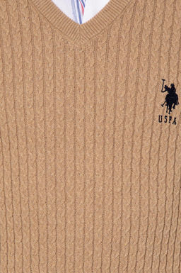 U. S. Polo Assn Мужской базовый трикотажный свитер светло-коричневого цвета с v-образным вырезом и меланжевым принтом - U.s. polo assn фото 18