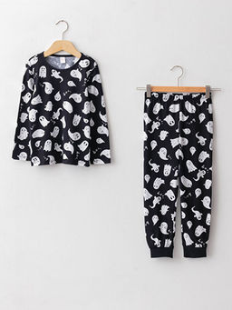 Bisiklet Yaka Bask?l? Uzun Kollu K?z ?ocuk Pijama Tak?m?