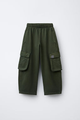 GARMENT-DYED WIDE-LEG CARGO FLEECE TROUSERS