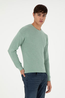 Erkek Regular Fit Bisiklet Yaka Ye_il Melanj Basic Kazak