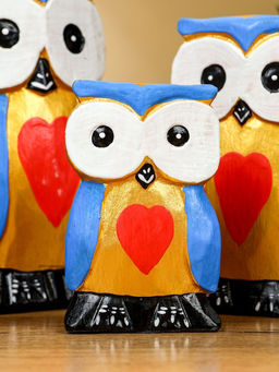 Набор сувенирный Совята с сердечком, h=15 см, h=13 см, h=11 см, дерево, голубой с золотом