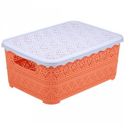 "Домашняя мода" Корзина пластмассовая для хранения "Вышивка" 26,5х19см h11,1см, матовый пластик, с серой крышкой, с ручками, кирпичный (Китай)