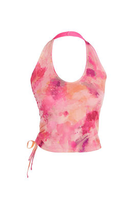 Pembe Soyut Desenli Boyundan Baglamal? Buzgu/Drape Detayl? Vucuda Oturan Orme Bluz TWOSS24BZ00630