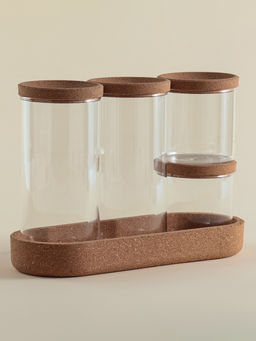 Банки для сыпучих SL Home «Алькорноке», 2 банки 280 ми, 2 банки 650 мл, с пробковой крышкой, на подставке, стекло, прозрачные