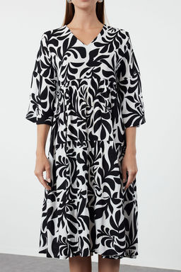 Siyah Cicekli Desenli Genis Kesim V Yaka Dokuma Elbise TWOSS24EL01029 - Trendyolmilla фото 4