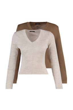 Kahverengi-Tas V Yaka Ikili Paket Triko Kazak