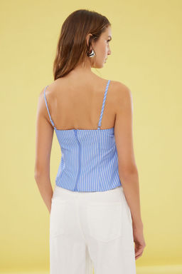 Mavi Ask?l? Onu Gul Detayl? Cizgili Dokuma Bluz TWOSS25BZ00253 - Trendyolmilla фото 5