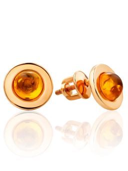 Небольшие яркие серьги-гвоздики из позолоченного серебра с янтарём Кнопочка