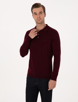 Bordo Slim Fit Regular Fit Pamuk Kar___ml_ Polo Yaka Basic Triko Kazak