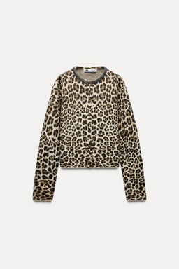ANIMAL JACQUARD KNIT CARDIGAN WITH DIAMANTE DETAIL