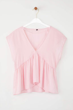 Pembe V Yaka Dokumlu Dokuma Yumusak Tuseli Bluz TWOSS25BZ00582 - Trendyolmilla фото 2