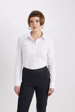 Regular Fit Bengalin Dokuma Uzun Kollu Basic Beyaz Gomlek - Defacto фото 3