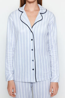 Mavi Cizgili Biye Detayl? Uyku Bantl? Polar K?sl?k Orme Pijama Tak?m? THMAW22PT0360