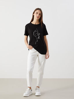 Bisiklet Yaka Bask?l? Kad?n Ti??rt